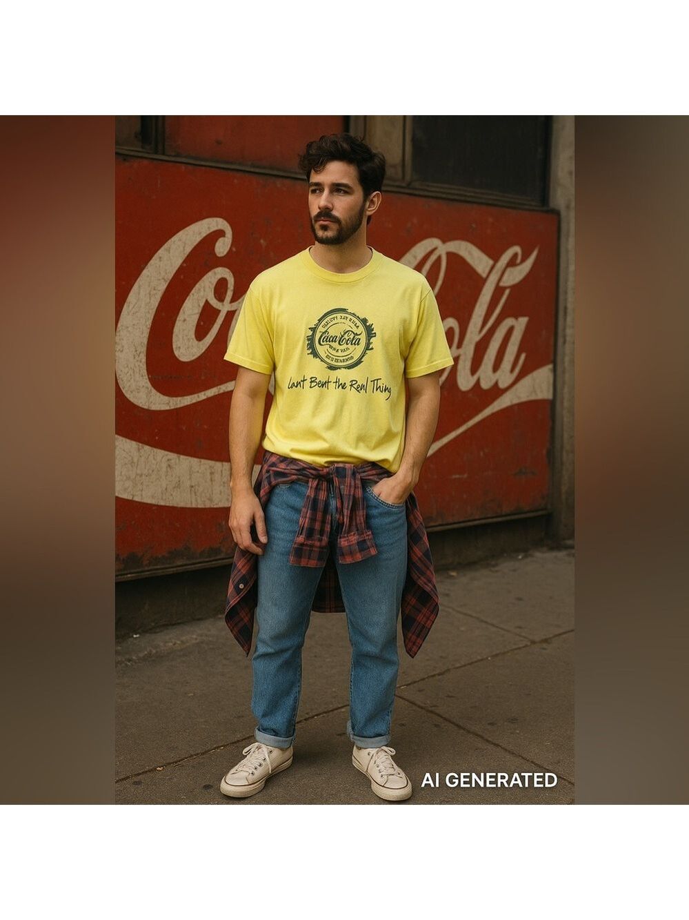 Vintage 90s Coca-Cola Can’t Beat the Real Thing Graphic T-Shirt L Yellow